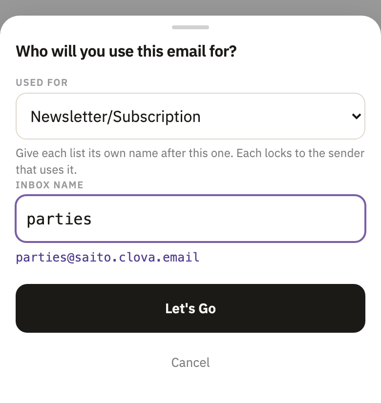 Who will you use this email for?, with Newsletter/Subscription chosen and parties typed as the name
