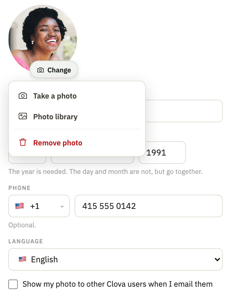 The photo's menu, with Take a photo, Choose a file and Remove photo