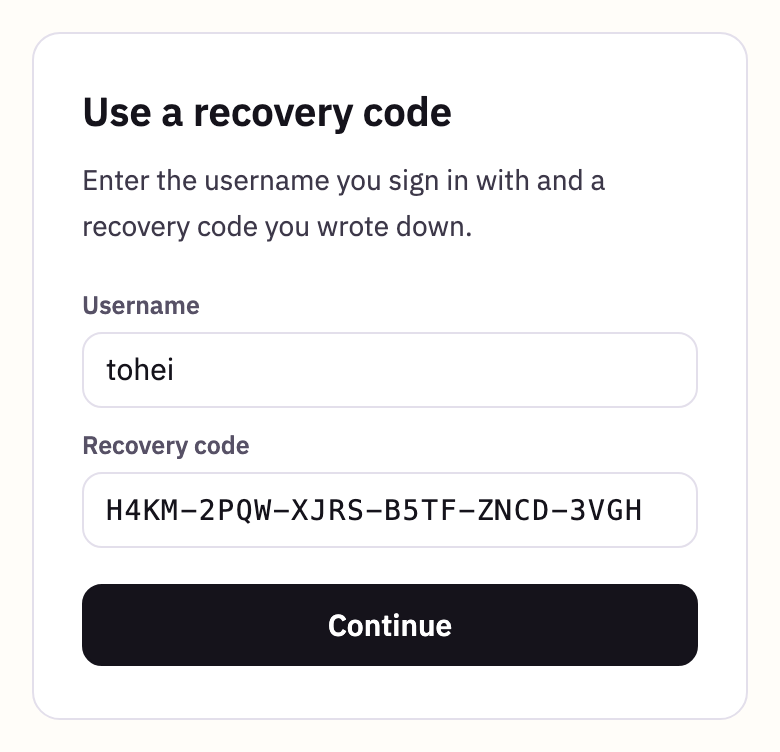 Use a recovery code, with a username and a code typed in, and the Continue button