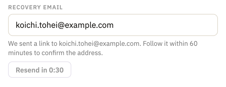 The Recovery email box, with an address saved, and a line saying a link was sent to it