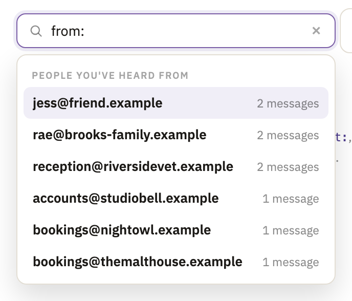 from: typed in the box, and the people you've had mail from under it