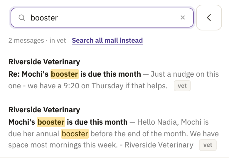 Results for booster in the vet inbox, with Search all mail instead above them