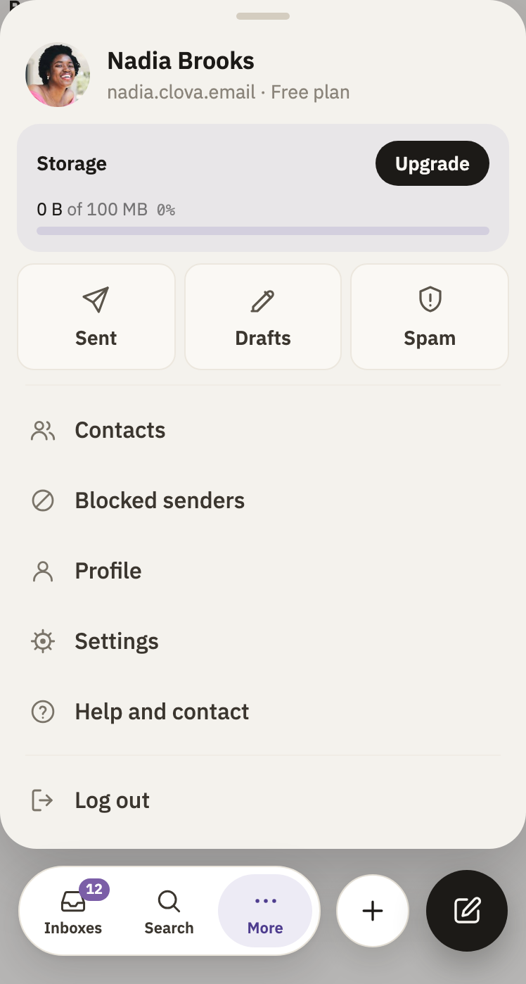 The account menu, with Spam beside Sent and Drafts