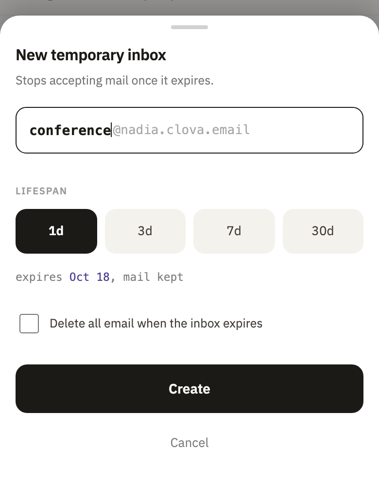 New temporary inbox, with how long it lasts and Delete all email when the inbox expires