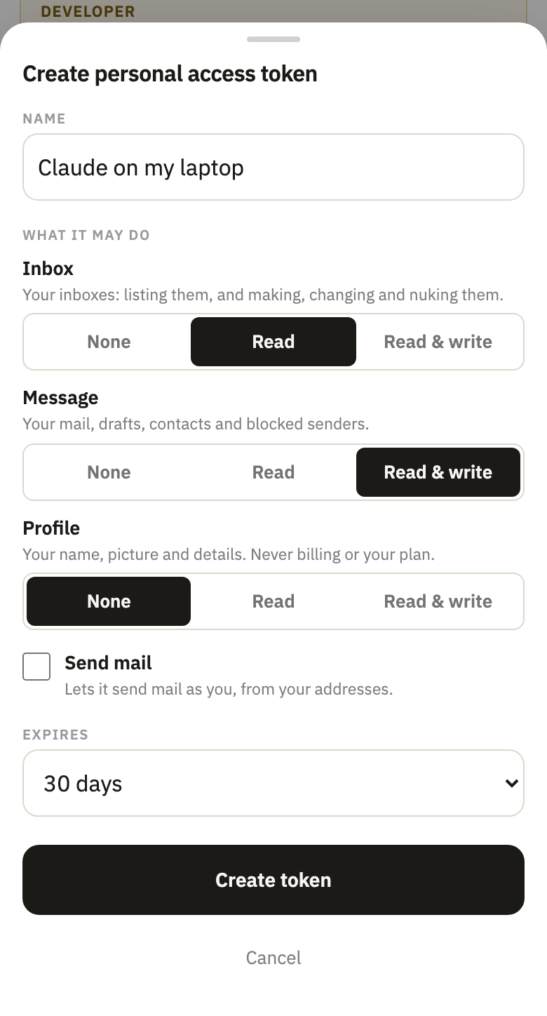Create personal access token, with a name, Inbox at Read and Message at Read & write