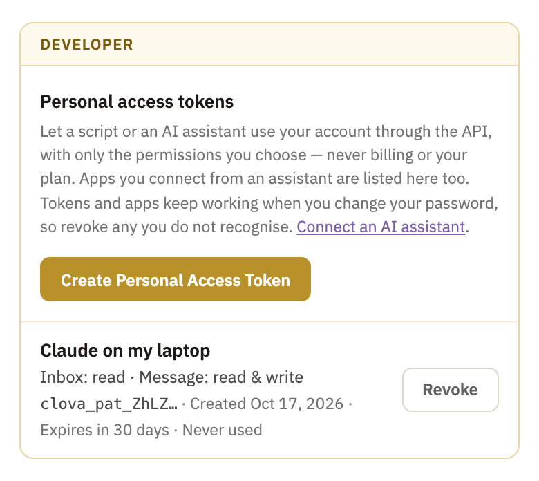 The Developer box, with one token and its Revoke button