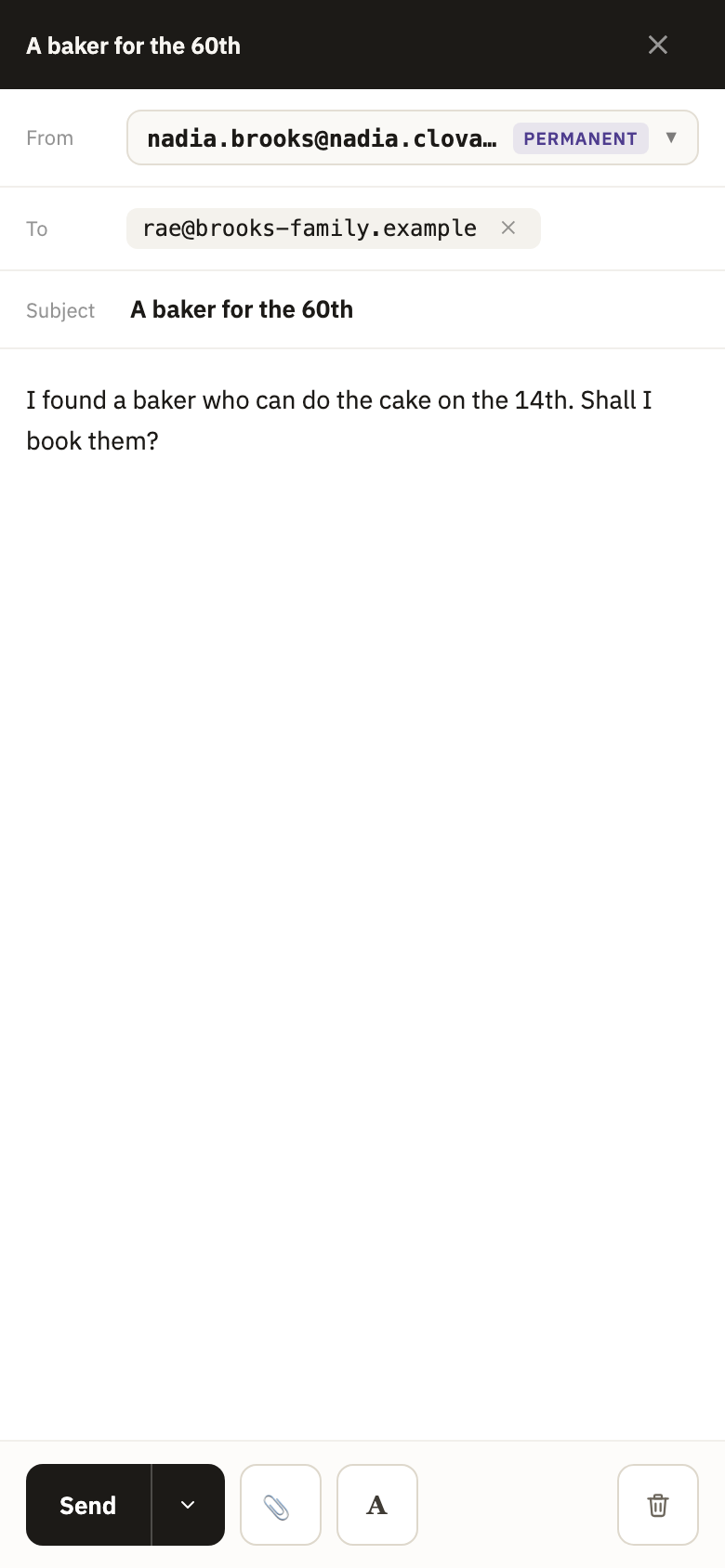 A new message, with From, To and Subject filled in, and Send