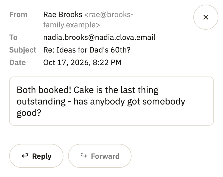 An open message, with Reply and Forward under it
