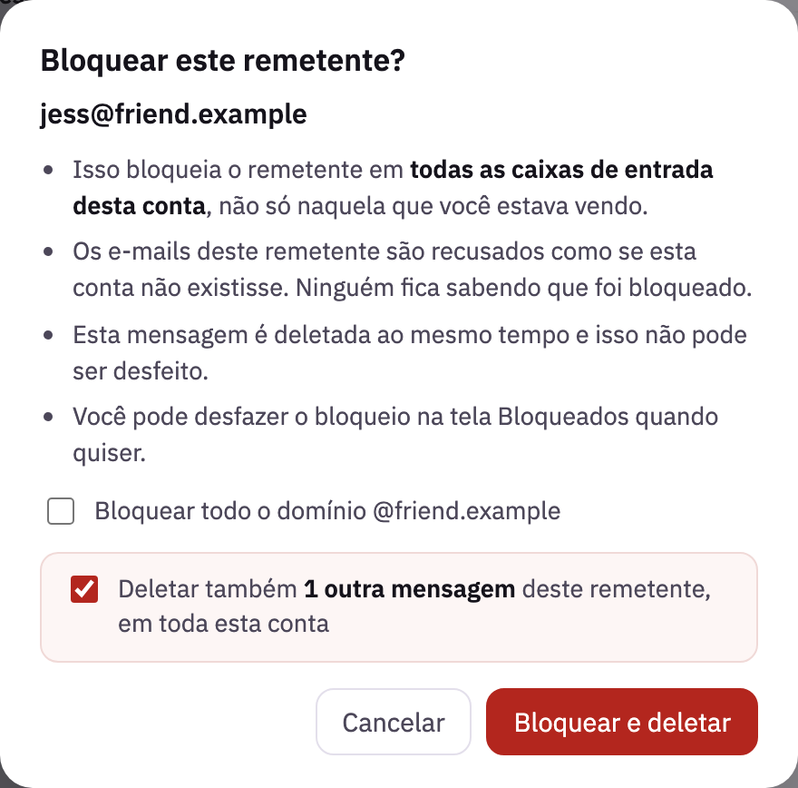 Bloquear este remetente?, com Deletar também marcado, e Bloquear e deletar