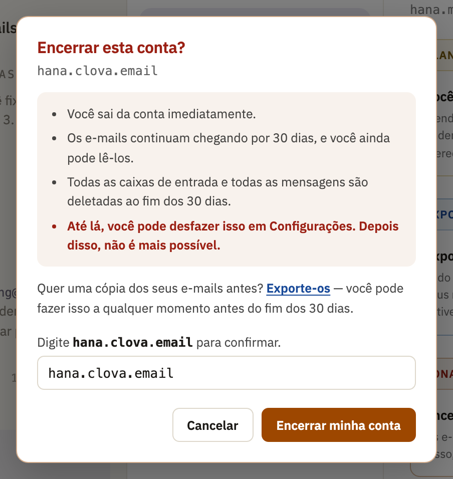 Encerrar esta conta?, com o nome da conta digitado, e Encerrar minha conta