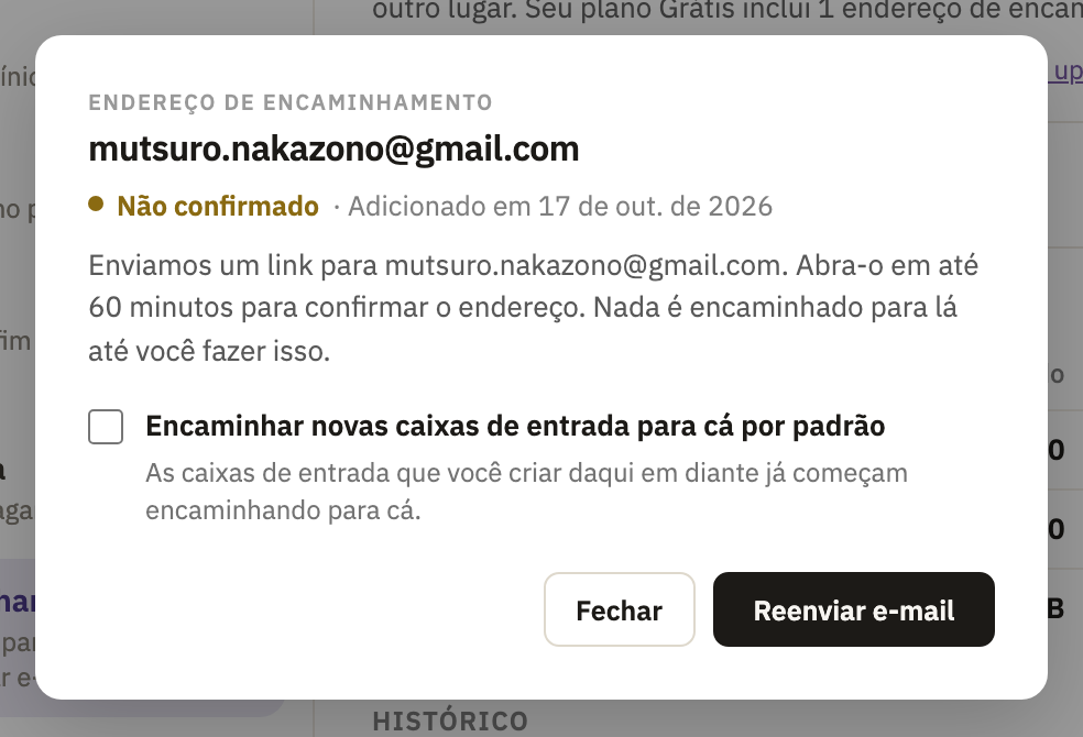 A janela do endereço: Não confirmado, com Reenviar e-mail