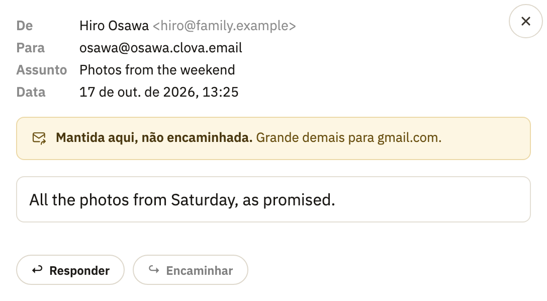 Uma mensagem aberta dizendo Mantida aqui, não encaminhada. Grande demais para gmail.com.