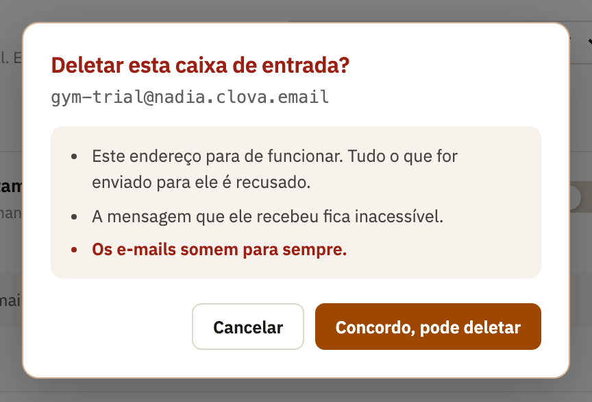 Deletar esta caixa de entrada?, dizendo o que acontece, com Cancelar e Concordo, pode deletar