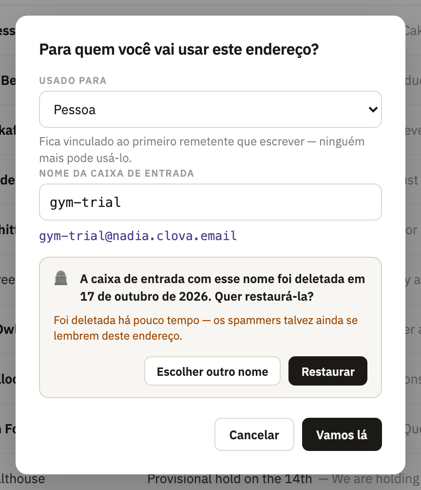 A caixa de entrada com esse nome foi deletada em 17 de outubro de 2026. Quer restaurá-la?, com Escolher outro nome e Restaurar