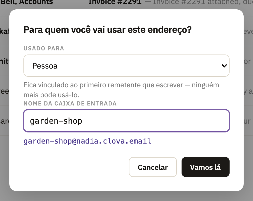 A janela Nova caixa de entrada: Usado para, em Pessoa, o nome da caixa e Vamos lá