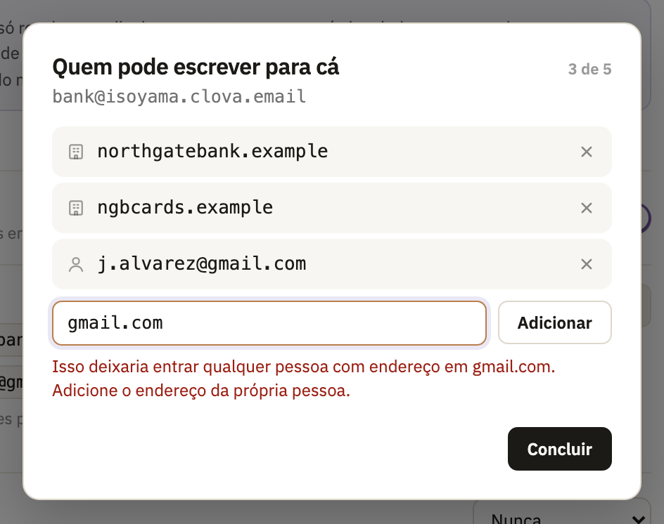 Quem pode escrever para cá, com três remetentes, e gmail.com digitado e recusado
