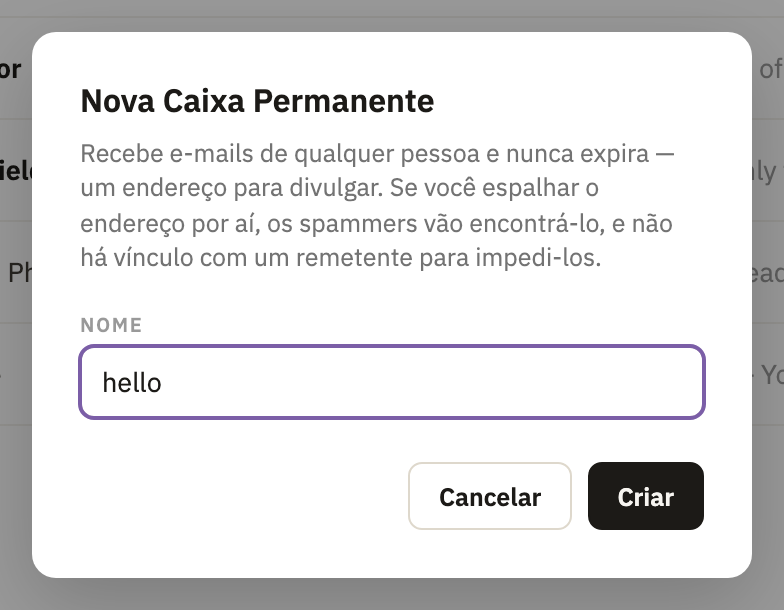 Nova Caixa Permanente, com um nome digitado e o botão Criar