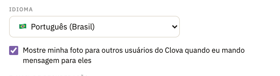 Idioma e, embaixo, Mostre minha foto para outros usuários do Clova quando eu mando mensagem para eles, marcado