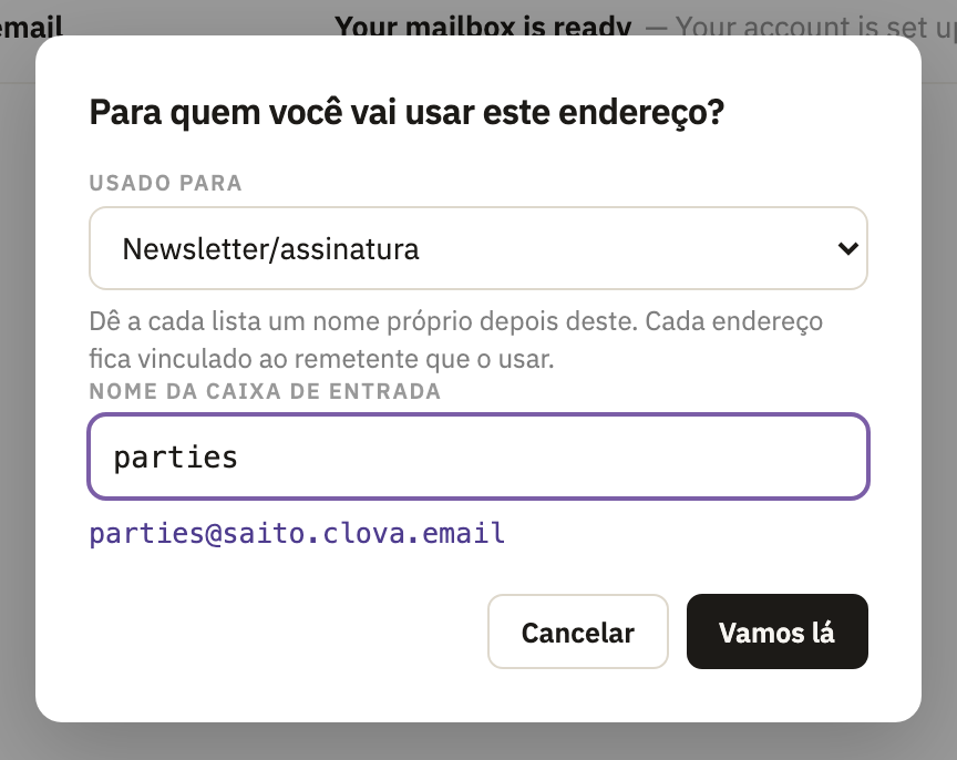 Para quem você vai usar este endereço?, com Newsletter/assinatura escolhido e parties digitado como nome