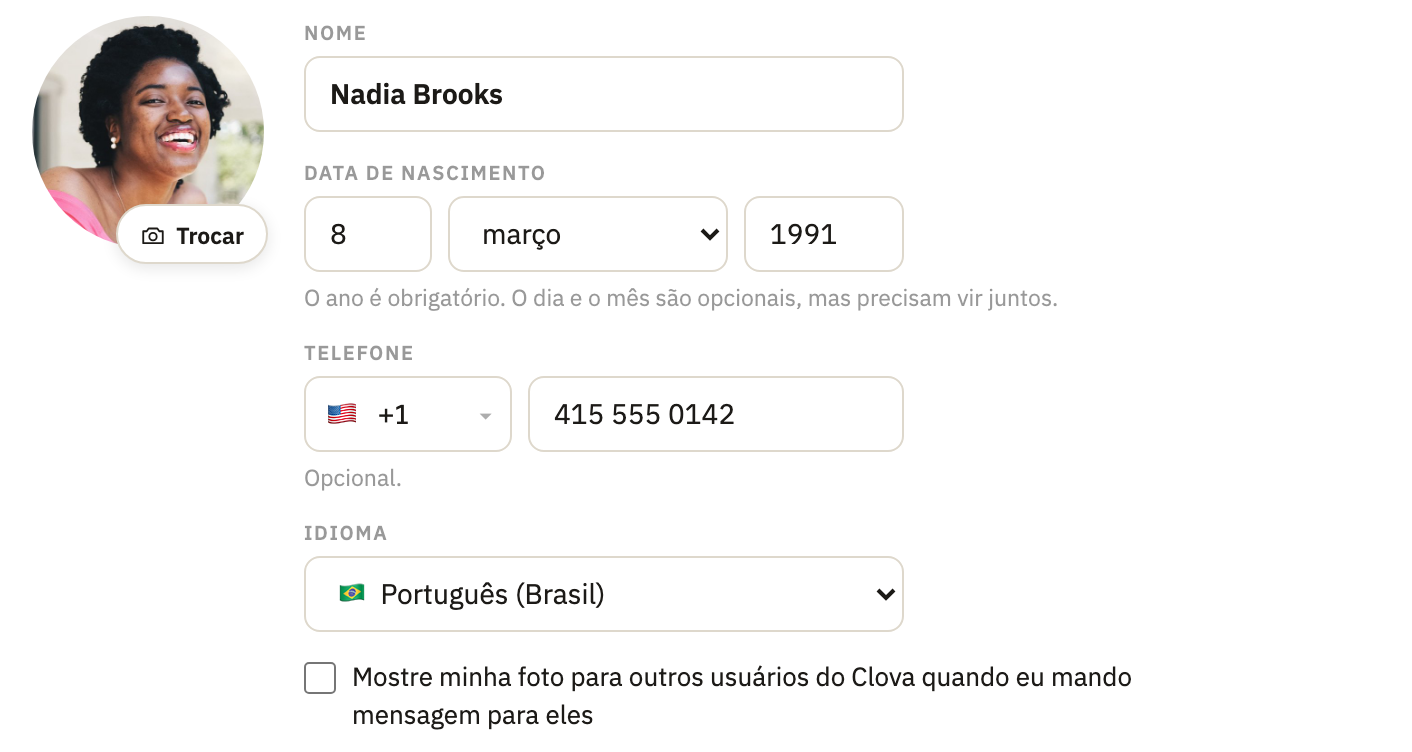 O perfil, com Idioma destacado