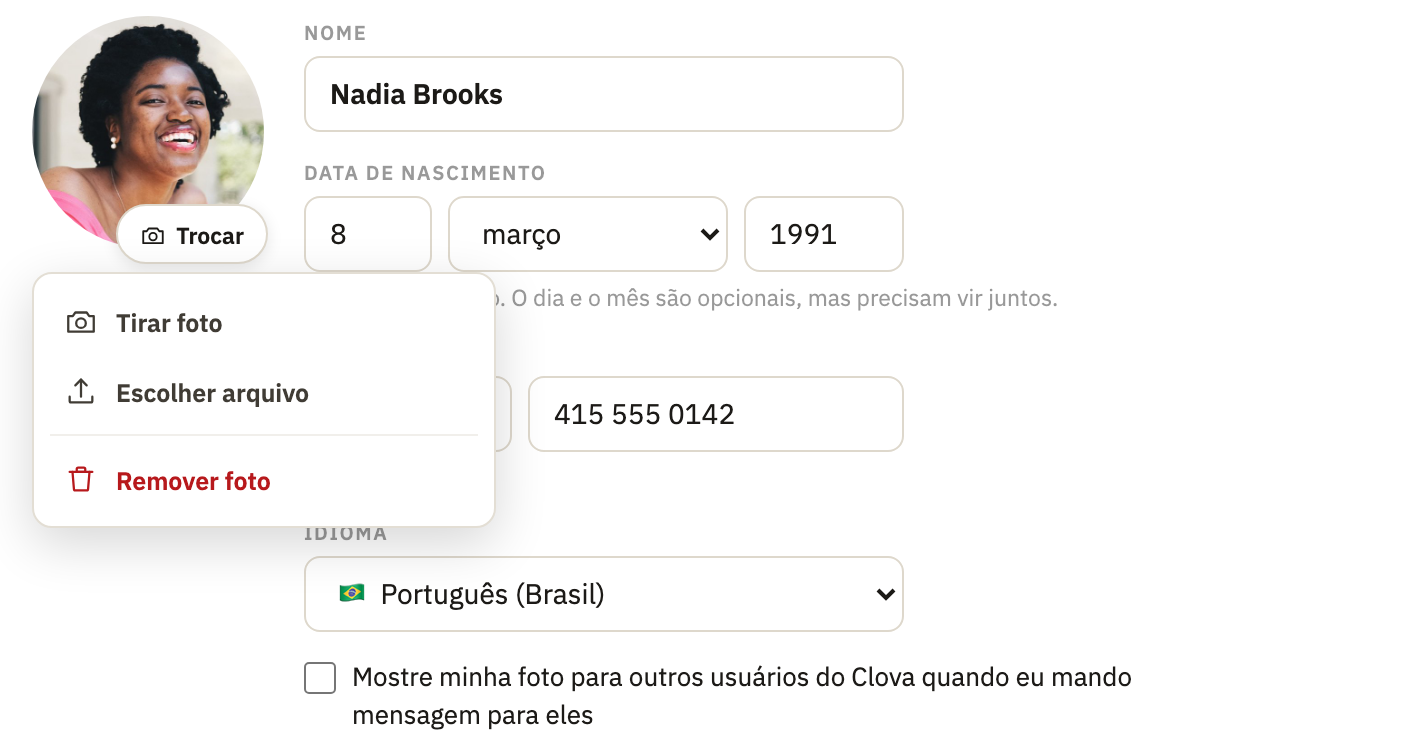 O menu da foto, com Tirar foto, Escolher arquivo e Remover foto
