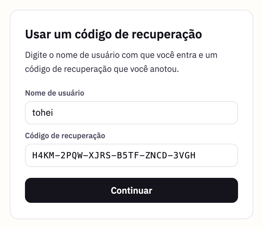 Usar um código de recuperação, com um nome de usuário e um código digitados, e o botão Continuar