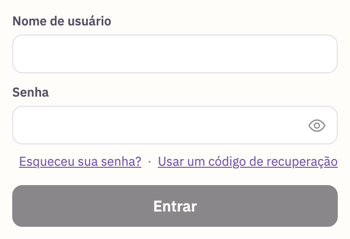 A página de login, com Usar um código de recuperação embaixo da senha