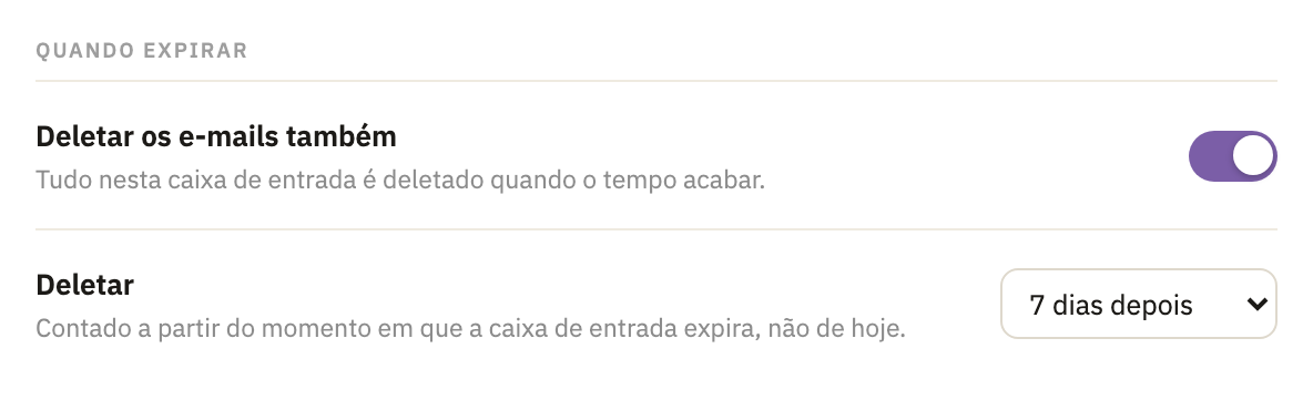 Quando expirar, com Deletar os e-mails também ligado e Deletar em 7 dias depois