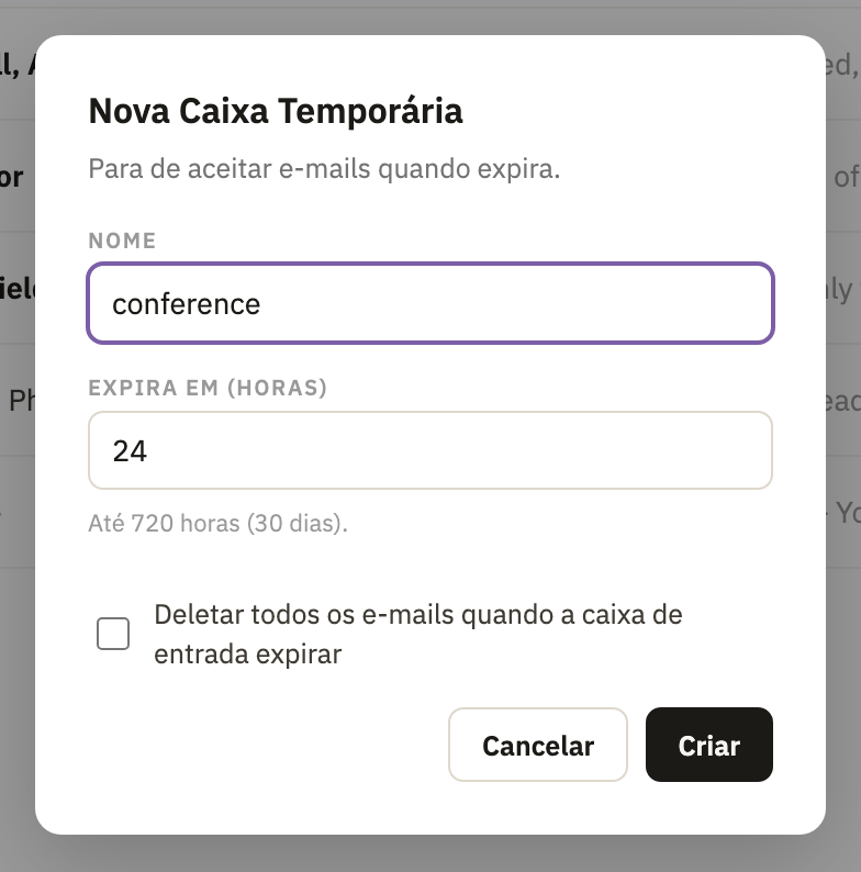 Nova Caixa Temporária, com quanto tempo ela dura e Deletar todos os e-mails quando a caixa de entrada expirar