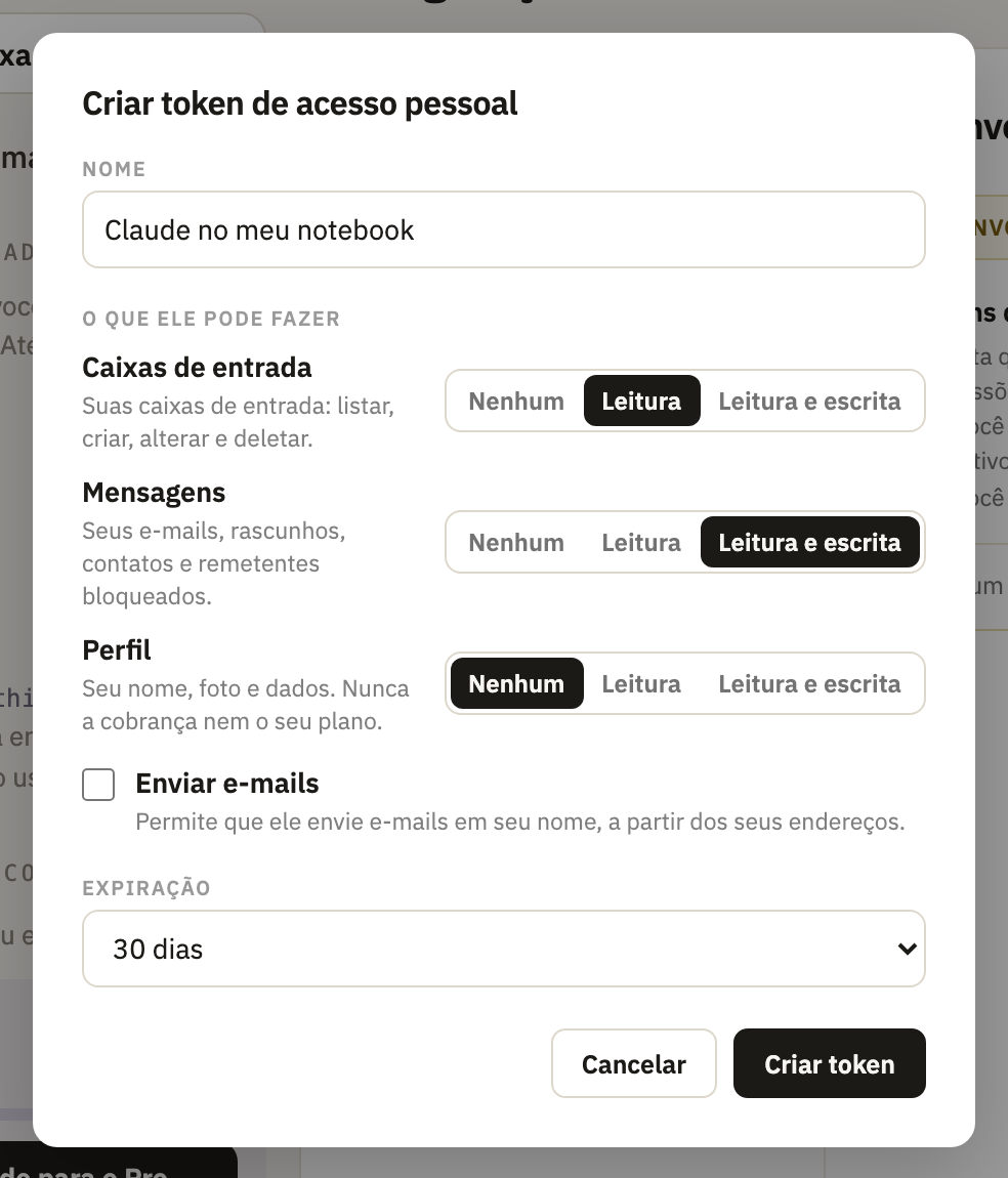 Criar token de acesso pessoal, com um nome, Caixas de entrada em Leitura e Mensagens em Leitura e escrita