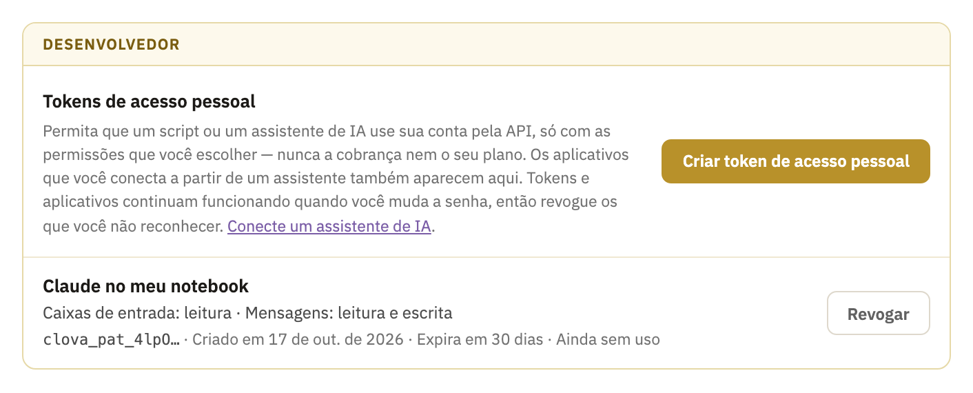 A caixa Desenvolvedor, com um token e o botão Revogar