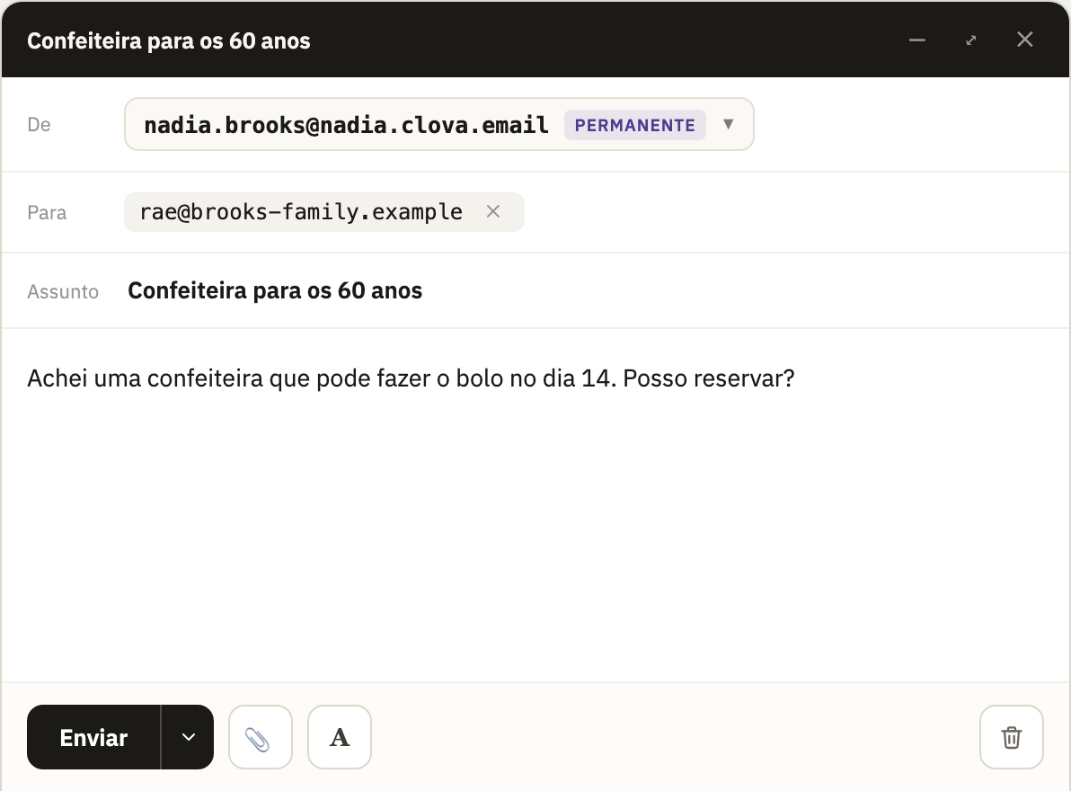 Uma mensagem nova, com De, Para e Assunto preenchidos, e Enviar