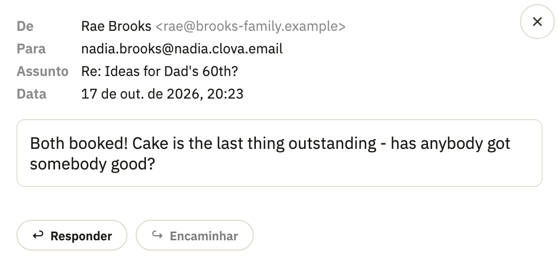 Uma mensagem aberta, com Responder e Encaminhar abaixo dela