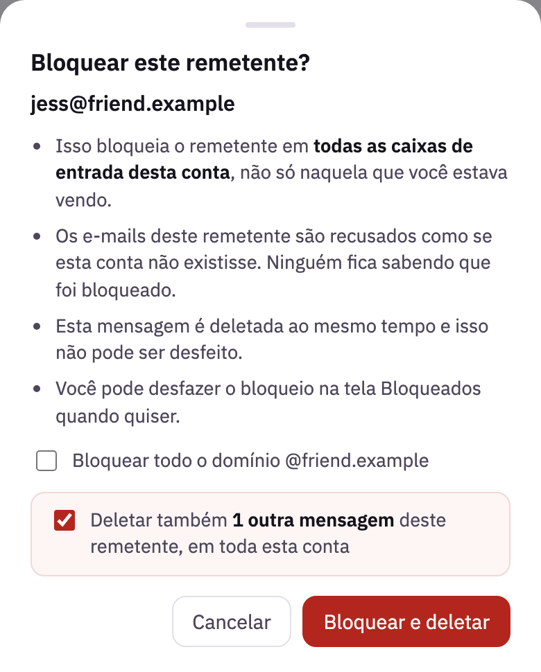 Bloquear este remetente?, com Deletar também marcado, e Bloquear e deletar