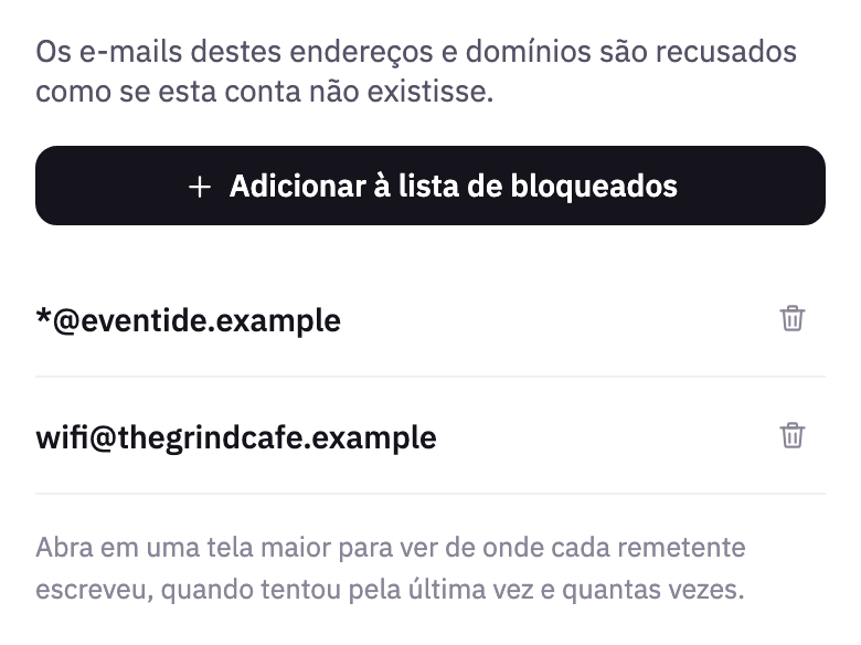 Remetentes bloqueados, com um domínio inteiro e um endereço