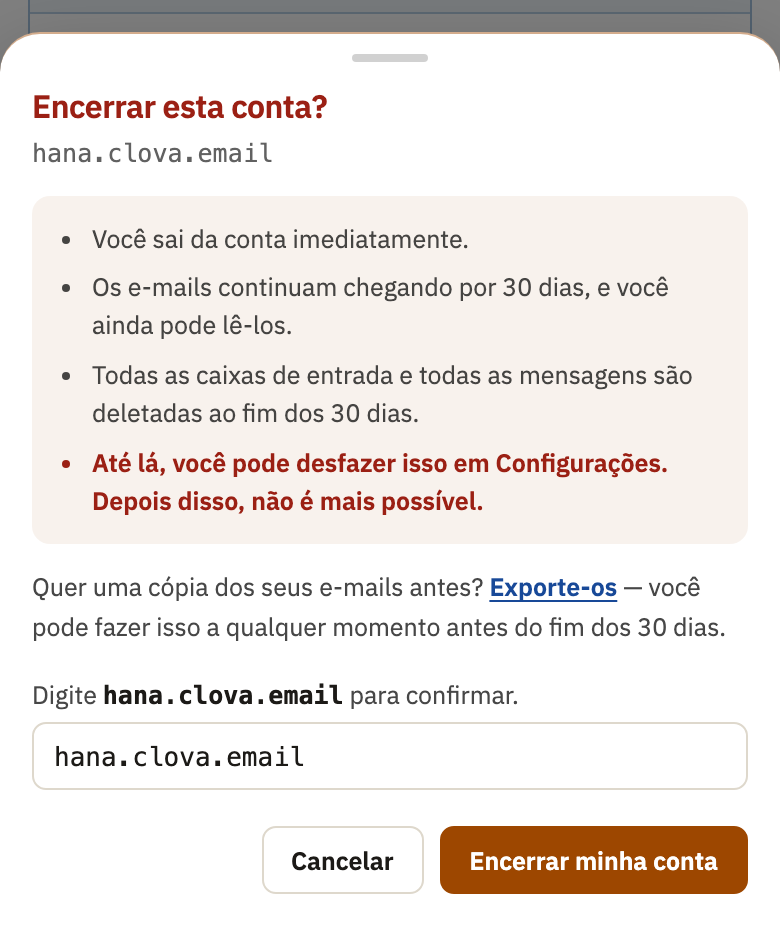 Encerrar esta conta?, com o nome da conta digitado, e Encerrar minha conta