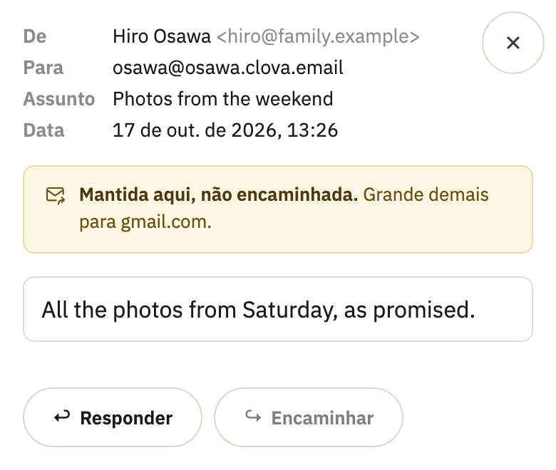 Uma mensagem aberta dizendo Mantida aqui, não encaminhada. Grande demais para gmail.com.