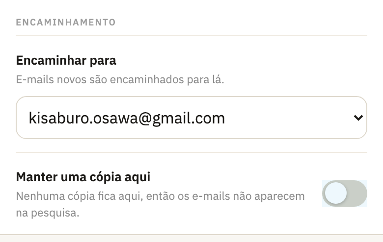 As configurações da caixa: Encaminhamento, com Manter uma cópia aqui desativado