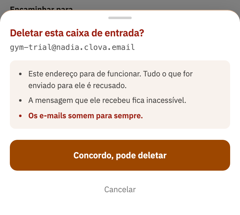 Deletar esta caixa de entrada?, dizendo o que acontece, com Cancelar e Concordo, pode deletar