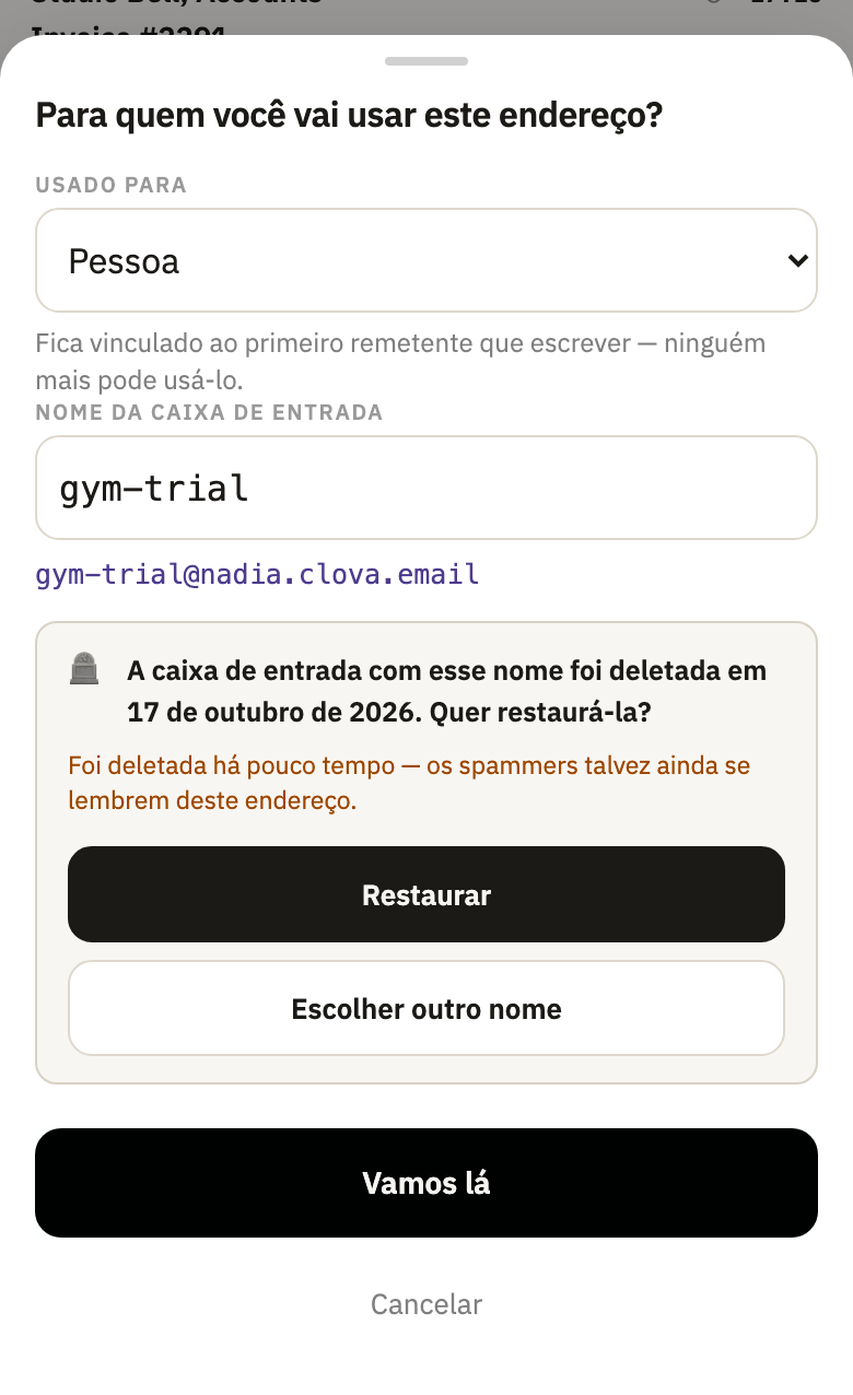 A caixa de entrada com esse nome foi deletada em 17 de outubro de 2026. Quer restaurá-la?, com Escolher outro nome e Restaurar