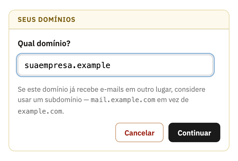 Qual domínio?, com um domínio digitado, e Continuar