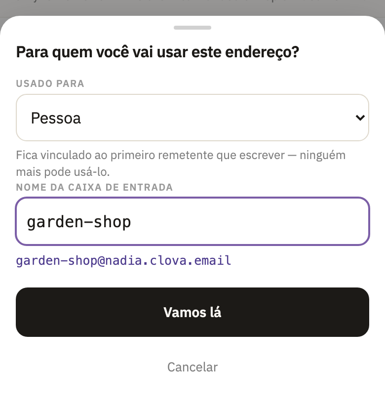 A janela Nova caixa de entrada: Usado para, em Pessoa, o nome da caixa e Vamos lá