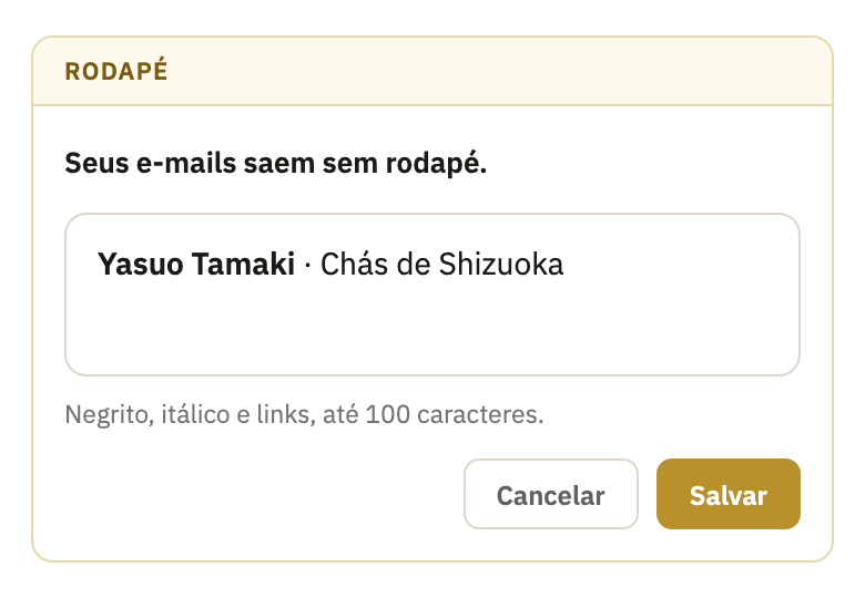 O rodapé sendo escrito, com Cancelar e Salvar