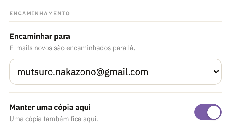 As configurações da caixa: Encaminhamento, com o endereço do Gmail escolhido e Manter uma cópia aqui ativado