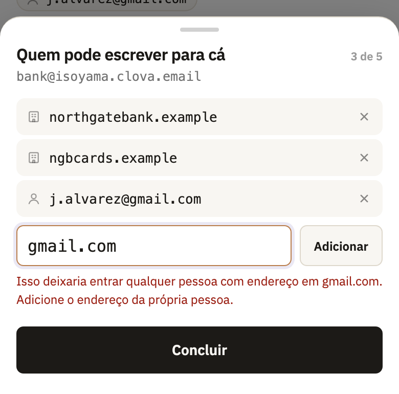 Quem pode escrever para cá, com três remetentes, e gmail.com digitado e recusado
