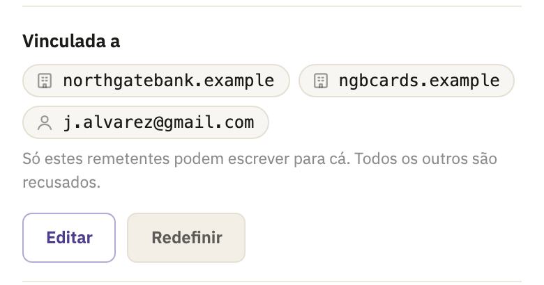 As configurações da caixa: Vinculada a, com duas empresas e uma pessoa, e os botões Editar e Redefinir