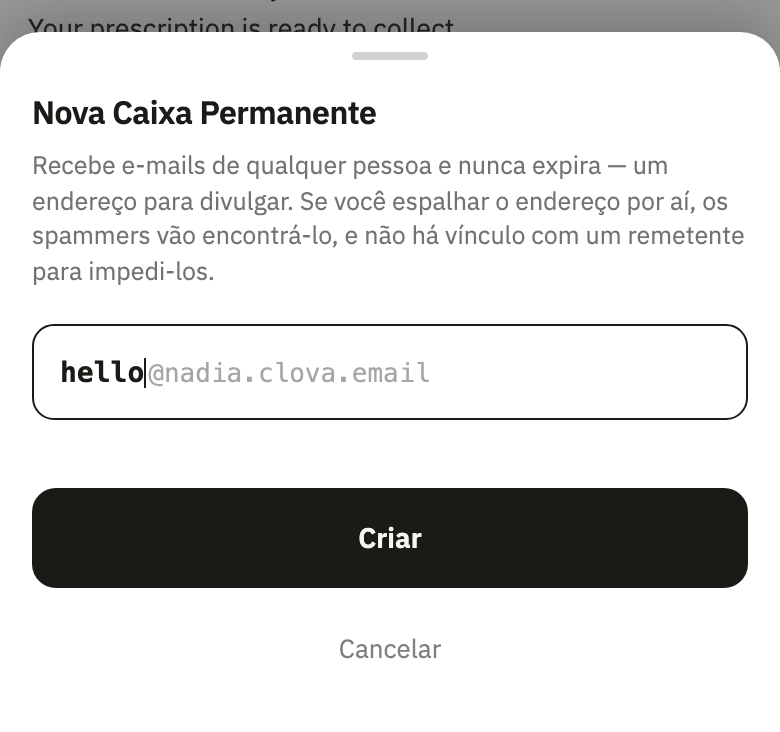 Nova Caixa Permanente, com um nome digitado e o botão Criar