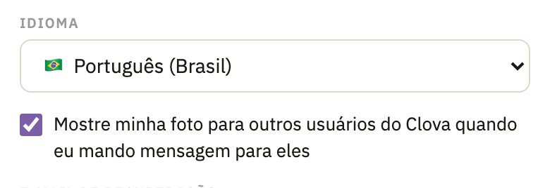 Idioma e, embaixo, Mostre minha foto para outros usuários do Clova quando eu mando mensagem para eles, marcado