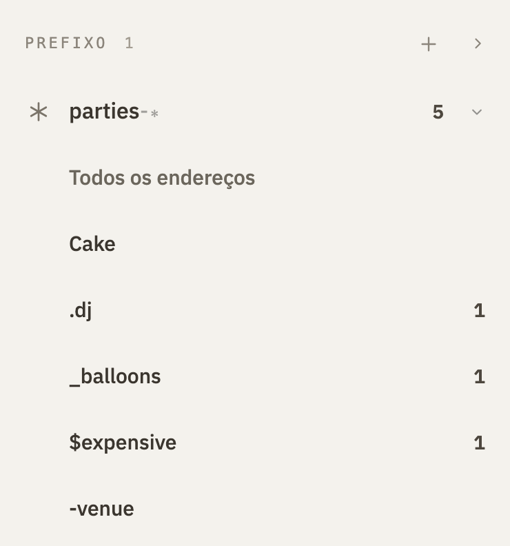 O prefixo parties aberto na barra lateral, com Todos os endereços e cinco endereços