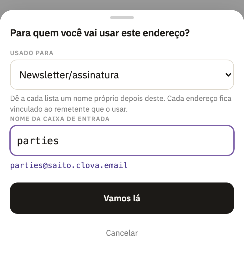Para quem você vai usar este endereço?, com Newsletter/assinatura escolhido e parties digitado como nome